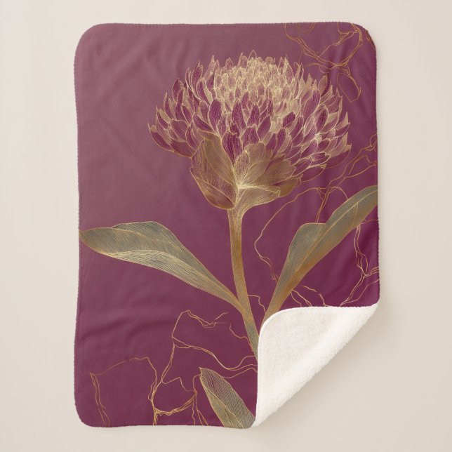 Couverture Sherpa Gold Protea Flower Burgundy Botanical Linework (Devant)