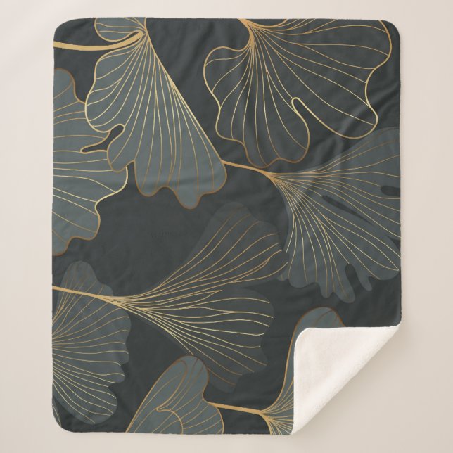 Couverture Sherpa Golden Ginkgo : Luxueux Déco Floral. (Devant)