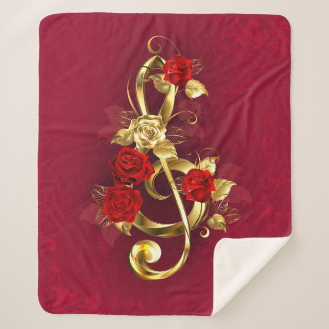 Couverture Sherpa Golden Treble Clef avec fleurs Roses (Devant)