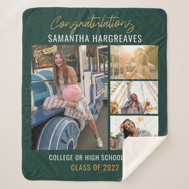 Couverture Sherpa Graduation 2024 Photo Collage Moderne Vert Grad (Devant)