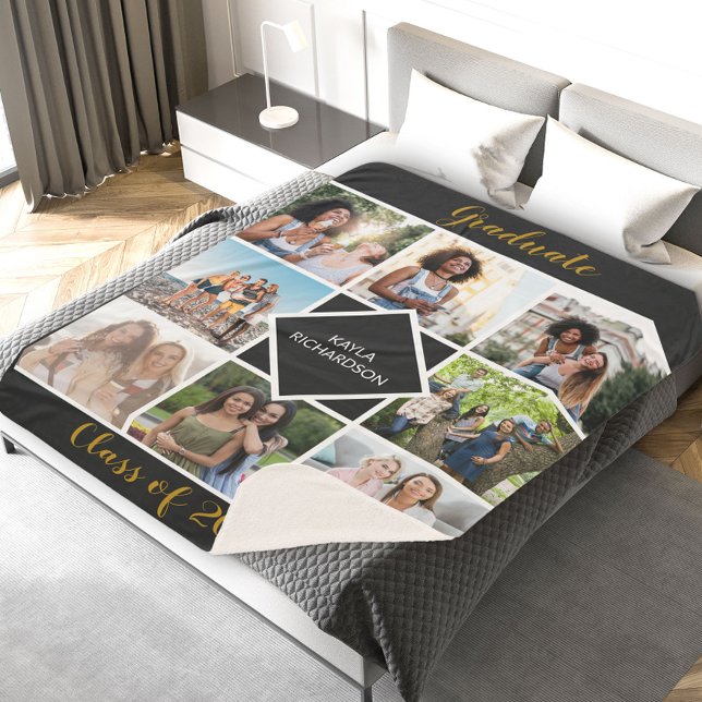 Couverture Sherpa Graduation 8 Grille photo Noir et or Diplômé (Créateur téléchargé)