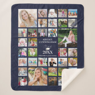 Couverture Sherpa Graduation Photo Collage Script CLASSE OF Navy Blu