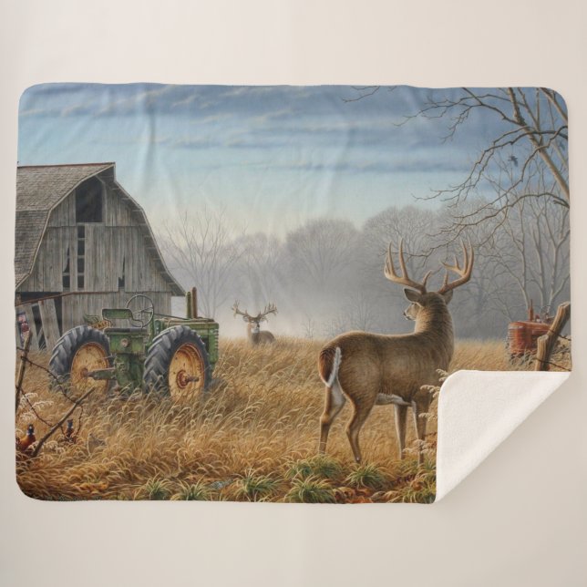 Couverture Sherpa Grand Cerf Buck Affrontement à la Ferme (Devant (Horizontal))