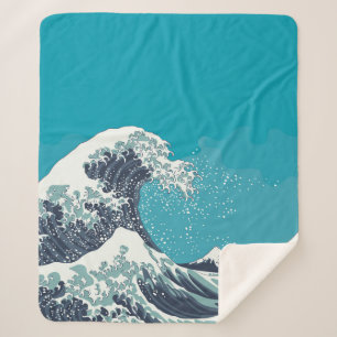 Couverture Sherpa Grande vague et Mont Fuji vintage bois japonais