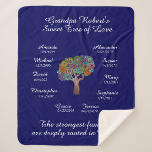 Couverture Sherpa Grandpa Arbre floral, Blanc sur Bleu, 10 Noms/Date