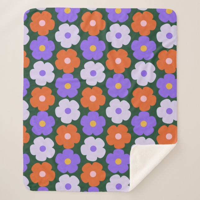 Couverture Sherpa Gras les années 70 Fleur rétro Motif violet vert d (Devant)