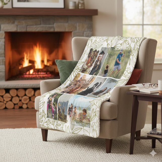 Couverture Sherpa Greenery 9 Collage Photo Personnalisé  (blanket mockup in a cozy living room)