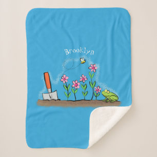 Couverture Sherpa Grenouille mignonne et abeille dans le jardin dess