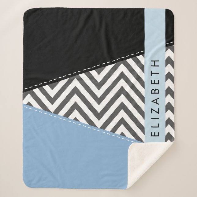 Couverture Sherpa Grey Zigzag, Grey Chevron, Bleu, Votre Nom (Devant)