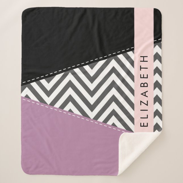 Couverture Sherpa Grey Zigzag, Grey Chevron, Purple, Votre Nom (Devant)