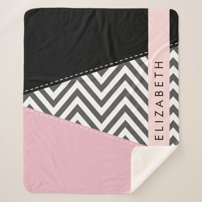 Couverture Sherpa Grey Zigzag, Grey Chevron, Rose, Votre Nom (Devant)
