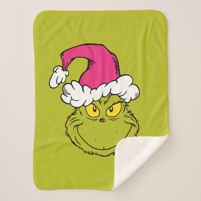 Couverture Sherpa Grinch avec un chapeau de Père Noël rose (Devant)