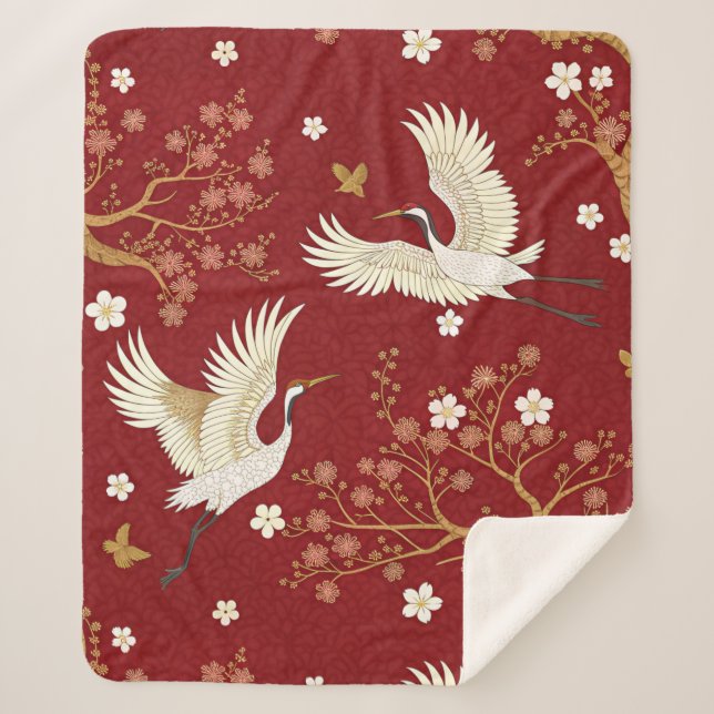 Couverture Sherpa Grue couronné rouge motif Sakura (1) (Devant)