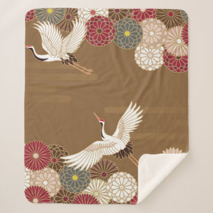 Couverture Sherpa Grues et chrysanthèmes japonais traditionnel pat