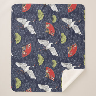 Couverture Sherpa Grues et ventilateurs japonais : Motif Vintage