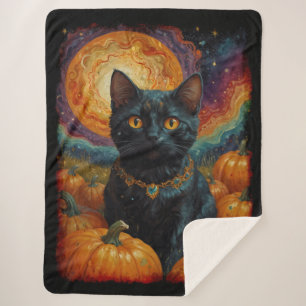 Couverture Sherpa Halloween Kitten noir et Citrouille