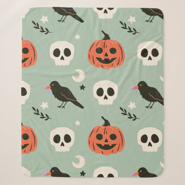 Couverture Sherpa Halloween motif sans couture avec corbeaux, crânes (Devant)