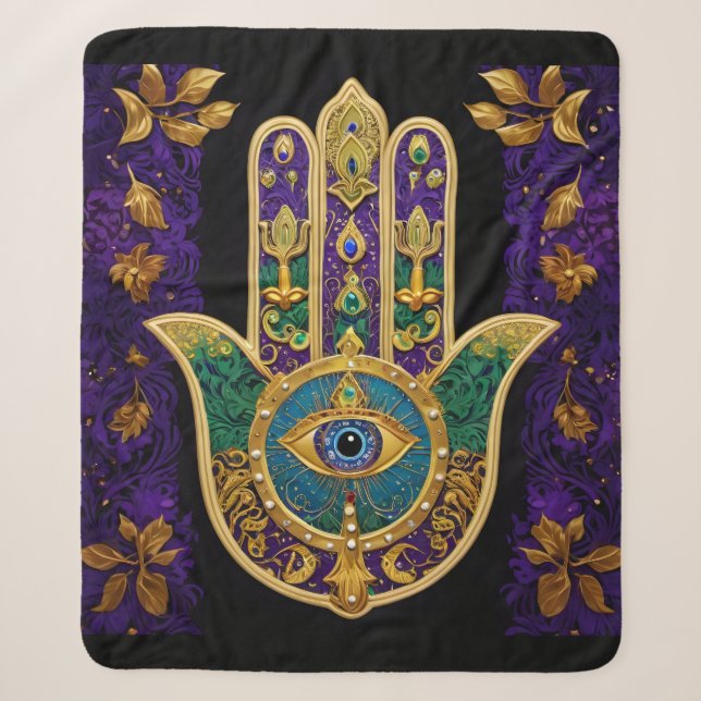 Couverture Sherpa Hamsa Troisième Œil Orné Or (Devant)