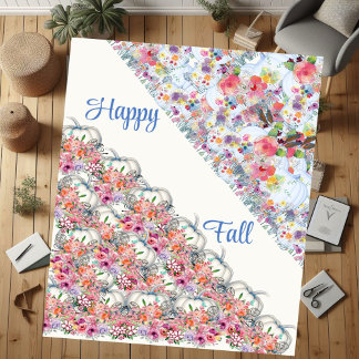 Couverture Sherpa Happy Fall Blanc Citrouille Aquarelle Floral Floro