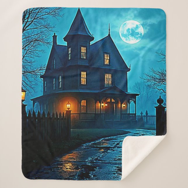 Couverture Sherpa Haunted Mansion Blue Moonlight Night Design (Devant)