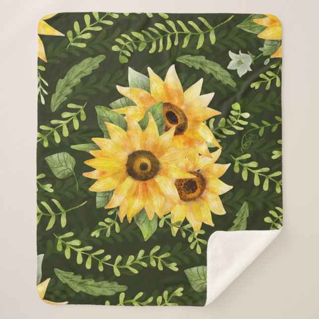 Couverture Sherpa Herbes de tournesols Feuille Motif d'aquarelle (Devant)