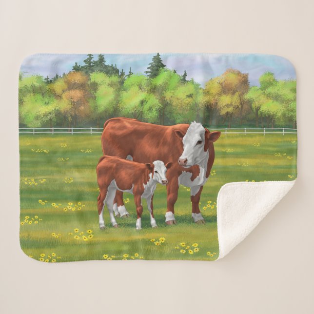Couverture Sherpa Hereford Cow & Cute Calf dans les pâturages d'été (Devant (Horizontal))