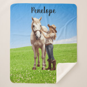 Couverture Sherpa Horse Girl Horseback équitation Meadow Personnalis