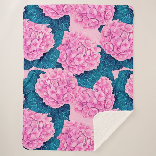 Couverture Sherpa Hydrangea aquarelle motif, rose et bleu (Devant)