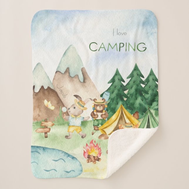 Couverture Sherpa I Love Camping Bois Animaux Enfants Aquarelle (Devant)