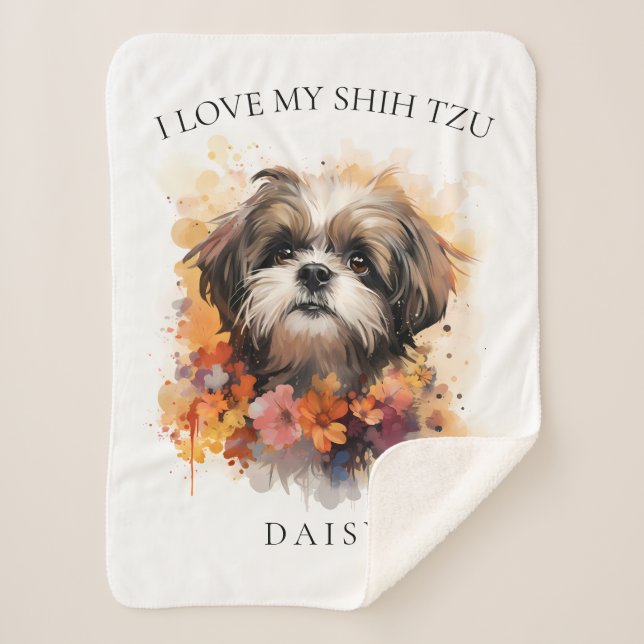 Couverture Sherpa I Love My Shih Tzu Floral Dog Portrait (Devant)
