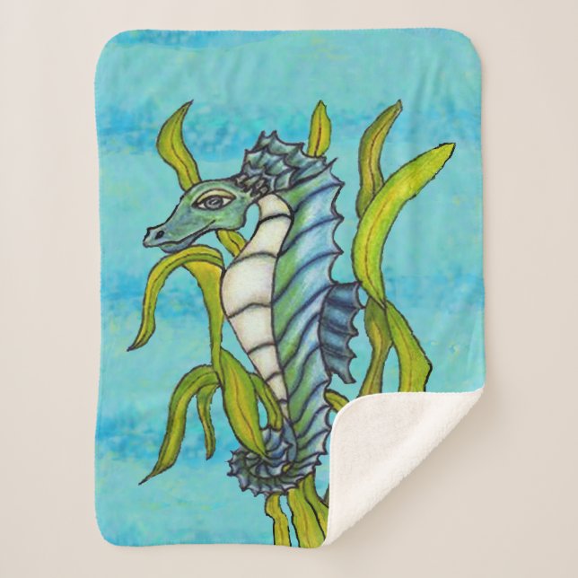 Couverture Sherpa Imaginaire Aqua Blue White Seahorse dans Green Sea (Devant)