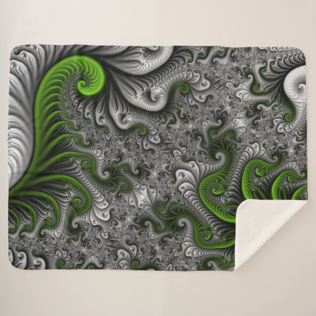 Couverture Sherpa Imaginaire Monde Vert Et Gris Art Fractal Abstrait (Devant (Horizontal))
