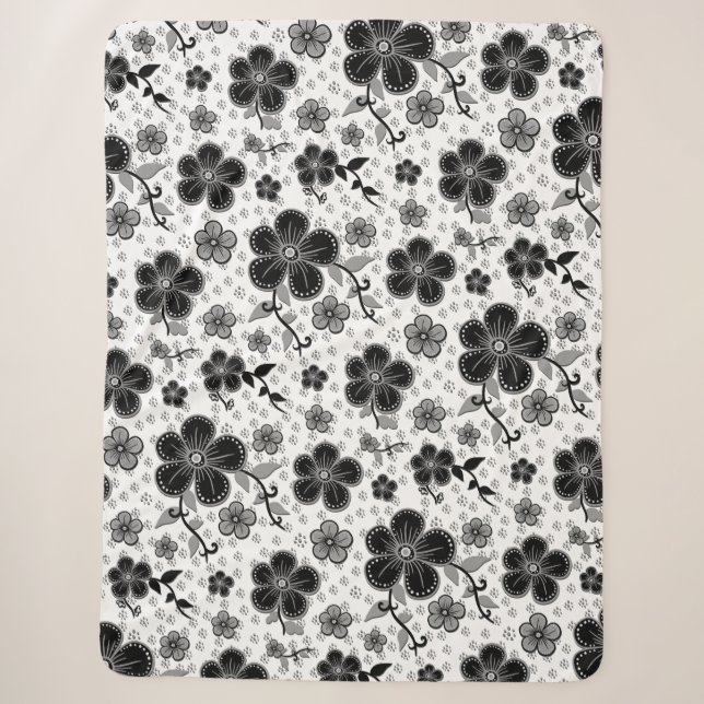 Couverture Sherpa Impression florale noire et blanche (Devant)