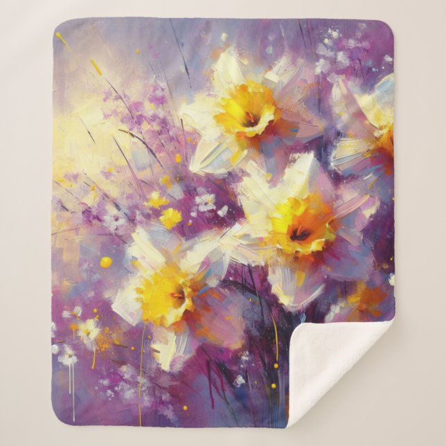 Couverture Sherpa Impressionniste Daffodique Floral Purple Jaune Art (Devant)