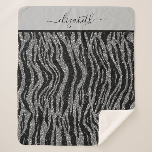 Couverture Sherpa Imprimé zèbre monogrammé noir et gris argenté (Devant)