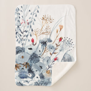 Couverture Sherpa Indigo et ocre - fleurs d'aquarelle