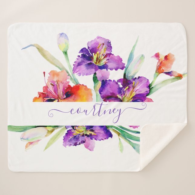 Couverture Sherpa Iris aquarelle violette personnalisée  (Devant (Horizontal))