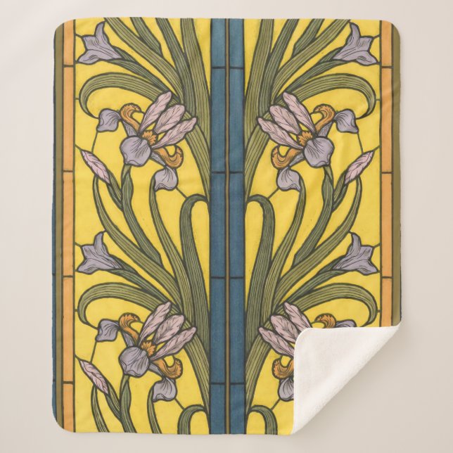 Couverture Sherpa Iris Fleur Art Nouveau Vitrail Bleu Or (Devant)