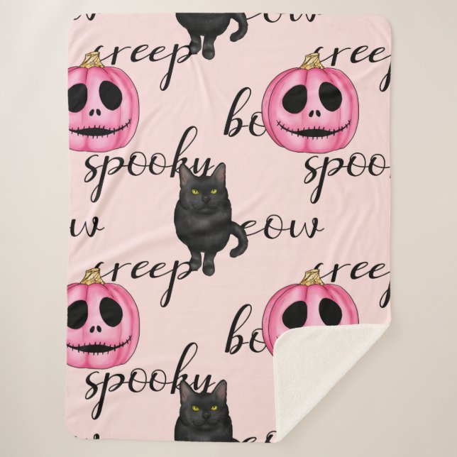 Couverture Sherpa Jack-O-Lantern rose et chat noir (Devant)