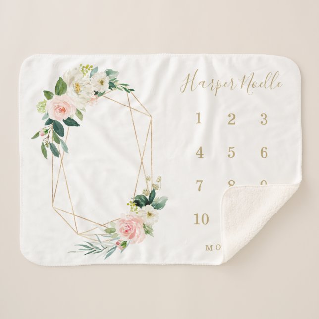 Couverture Sherpa Jalon de naissance des fleurs de printemps géométr (Devant (Horizontal))