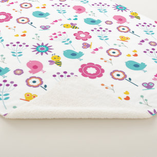 Couverture Sherpa Jardin aux fleurs mignonnes avec les oiseaux et le