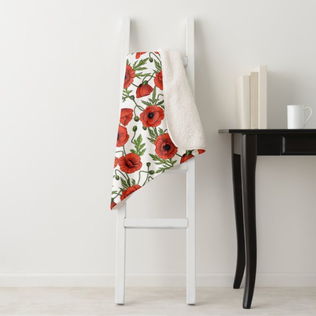 Couverture Sherpa Jardin de coquelicot dans le corail et brun (En situation)