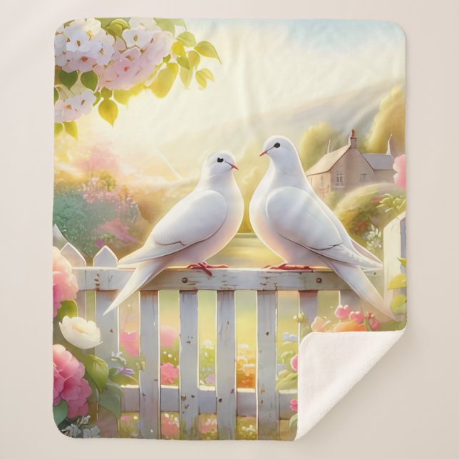 Couverture Sherpa Jardin de cottage aux colombes blanches (Devant)