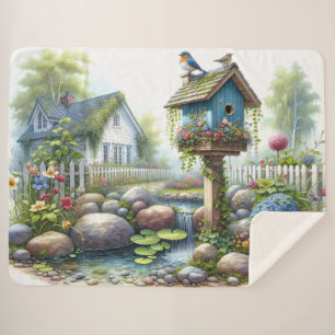 Couverture Sherpa Jardin de maisonnette à l'aquarelle avec nichoir à