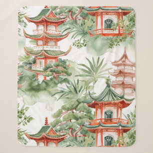 Couverture Sherpa Jardin de pagode orientale à l'aquarelle sage
