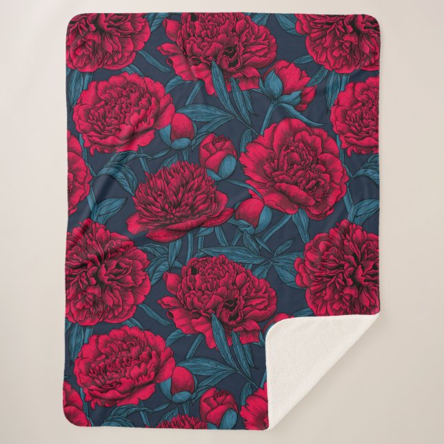 Couverture Sherpa Jardin de pivoine rouge sur bleu foncé (Devant)