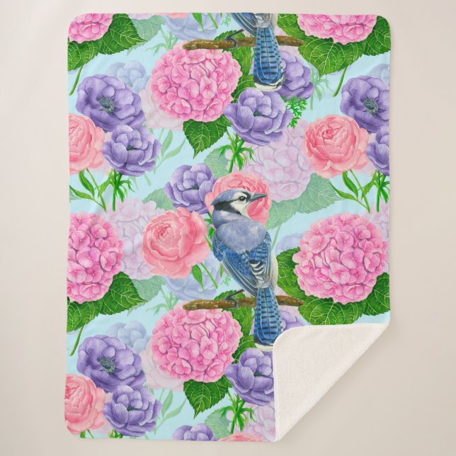 Couverture Sherpa Jay bleu et fleurs motif aquarelle (Devant)