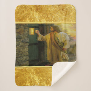 Couverture Sherpa Jesus At Your Door avec un dessin en feuille d'or