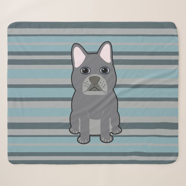 Couverture Sherpa Joli Bouledogue Français rayé bleu (Devant (Horizontal))