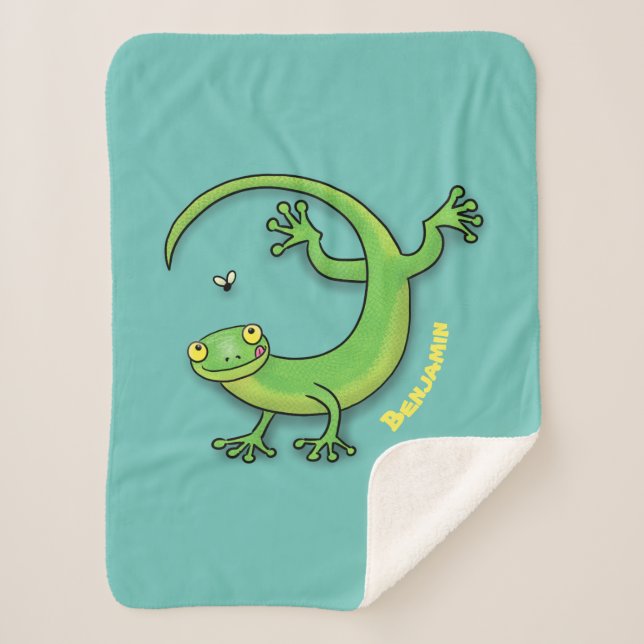 Couverture Sherpa Joli gecko vert salutations avec dessin animé (Devant)